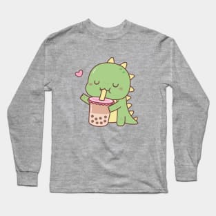 Cute Little Dino Loves Boba Milk Tea Long Sleeve T-Shirt